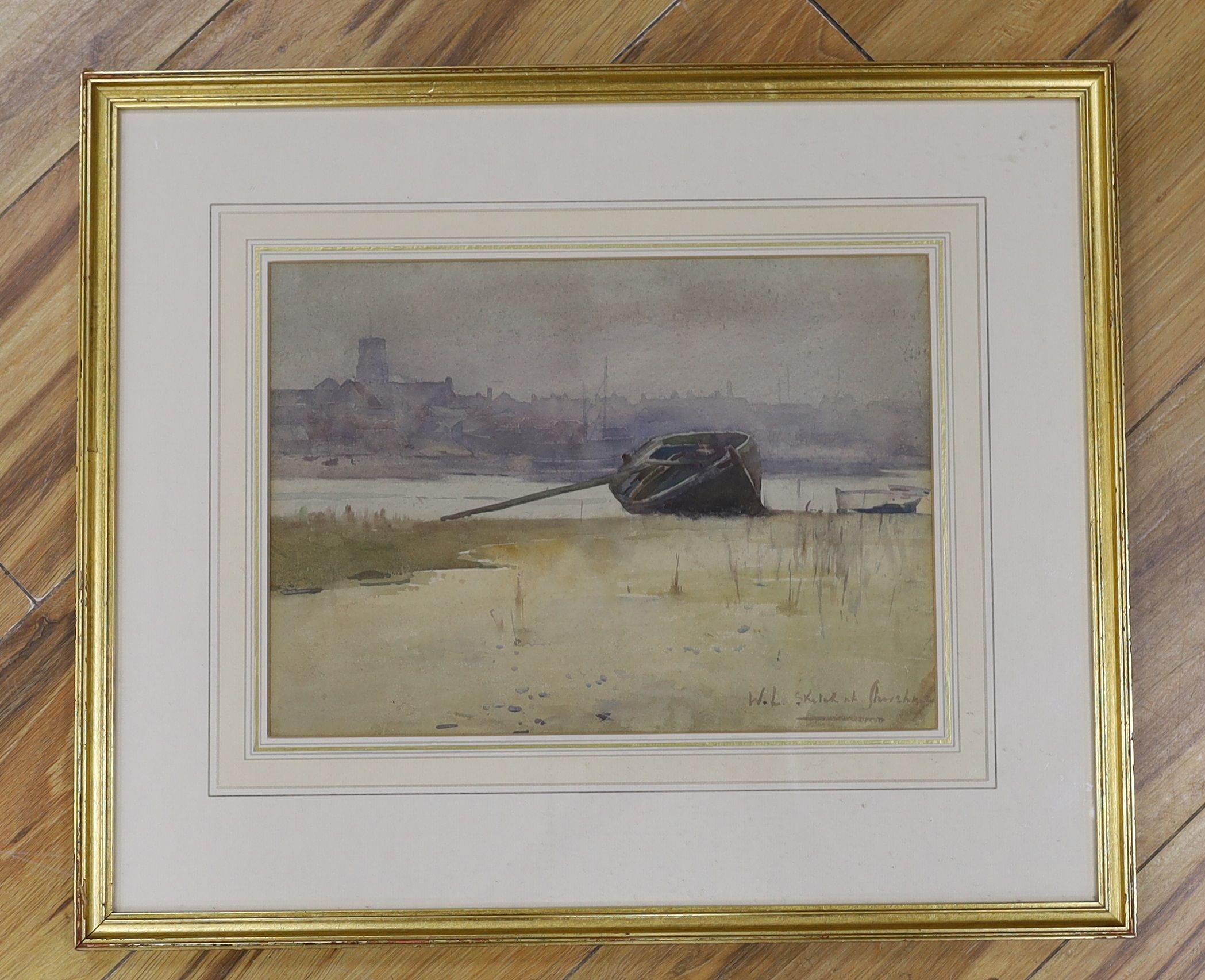 Sir William Llewellyn (1858-1941), watercolour, 'Sketch at Shoreham from the River, initialled, 24 x 33cm